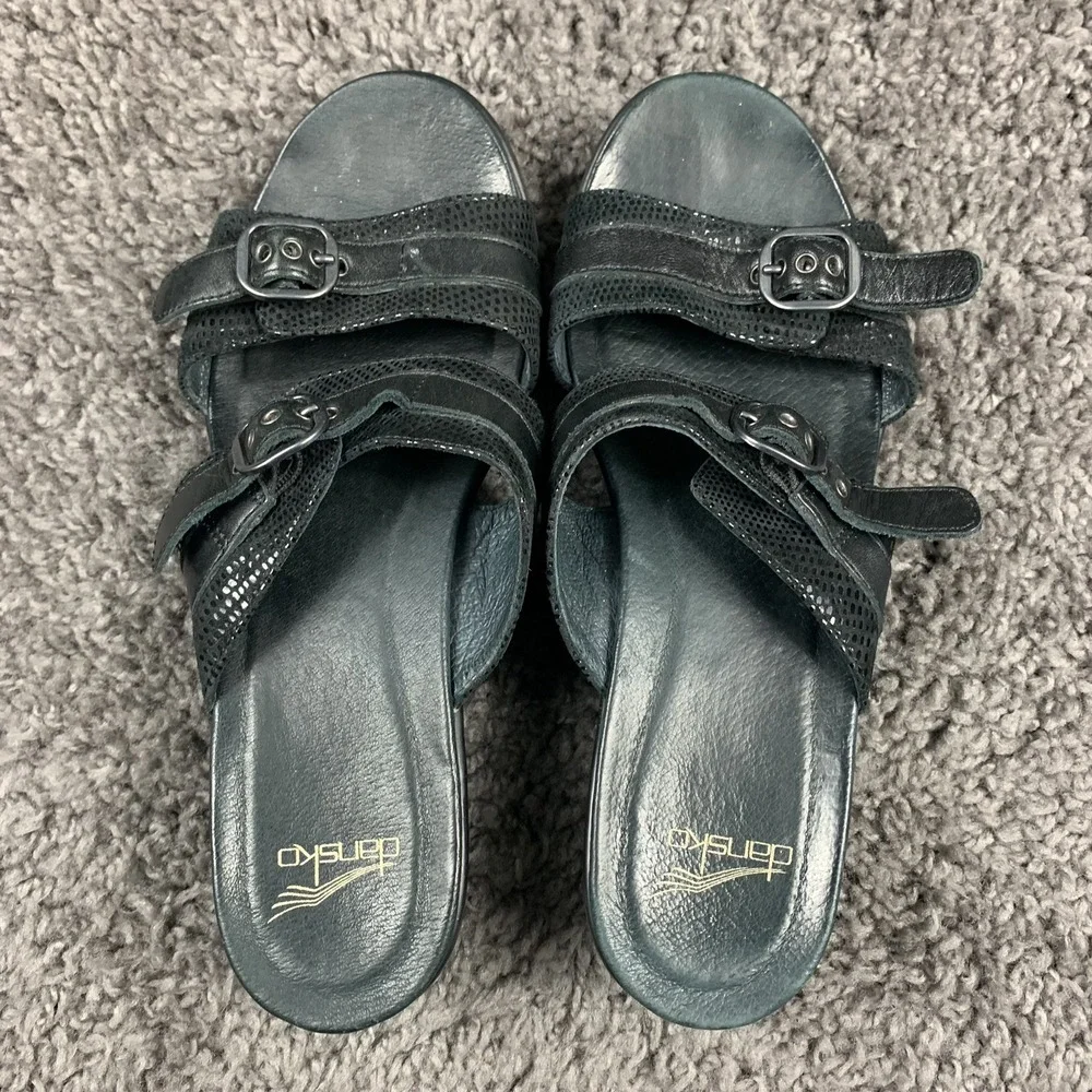 Dansko Jessie Sandals Black Leather Lizard Slip On Slide Heels Buckle EU 40